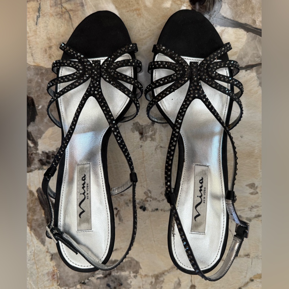 Nina - Black Sparkly Strappy Special Occasion Heels Size 8.5